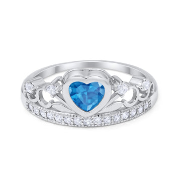 Heart Crown Ring Eternity Simulated Blue Topaz CZ 925 Sterling Silver